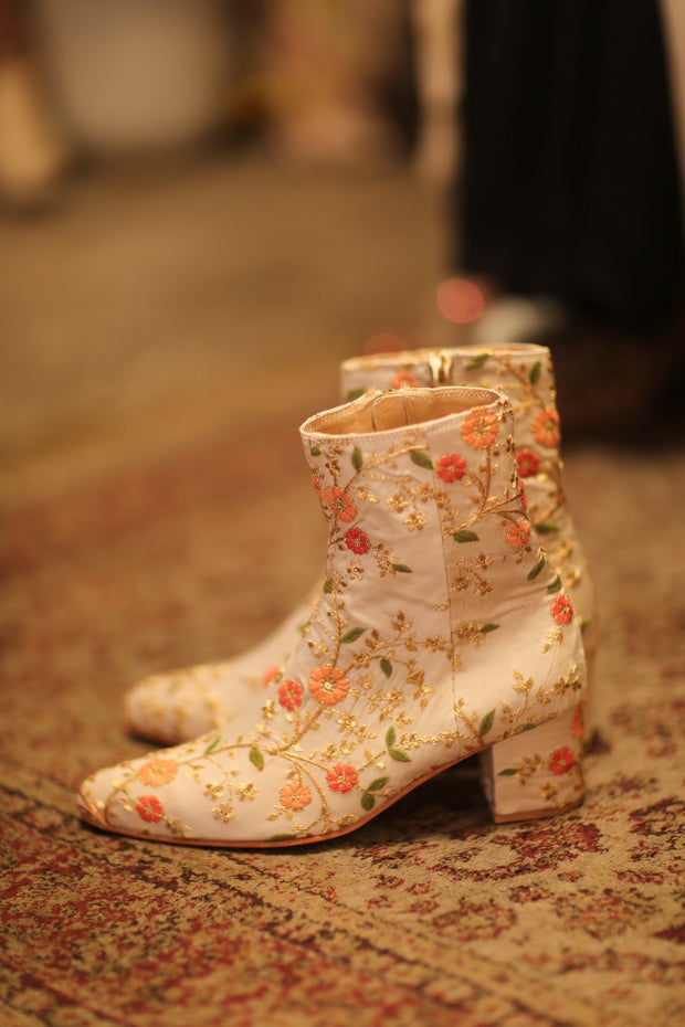 BEIGE SILK EMBROIDERED BOOTS - sustainably made MOMO NEW YORK sustainable clothing, boots slow fashion