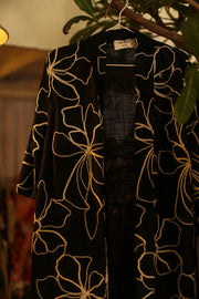 BLACK LINEN EMBROIDERED KIMONO MARIETTA - sustainably made MOMO NEW YORK sustainable clothing, slow fashion