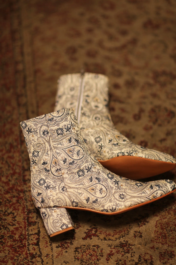 BLUE WHITE SILK EMBROIDERED BOOTS SCOOBERT - sustainably made MOMO NEW YORK sustainable clothing, boots slow fashion