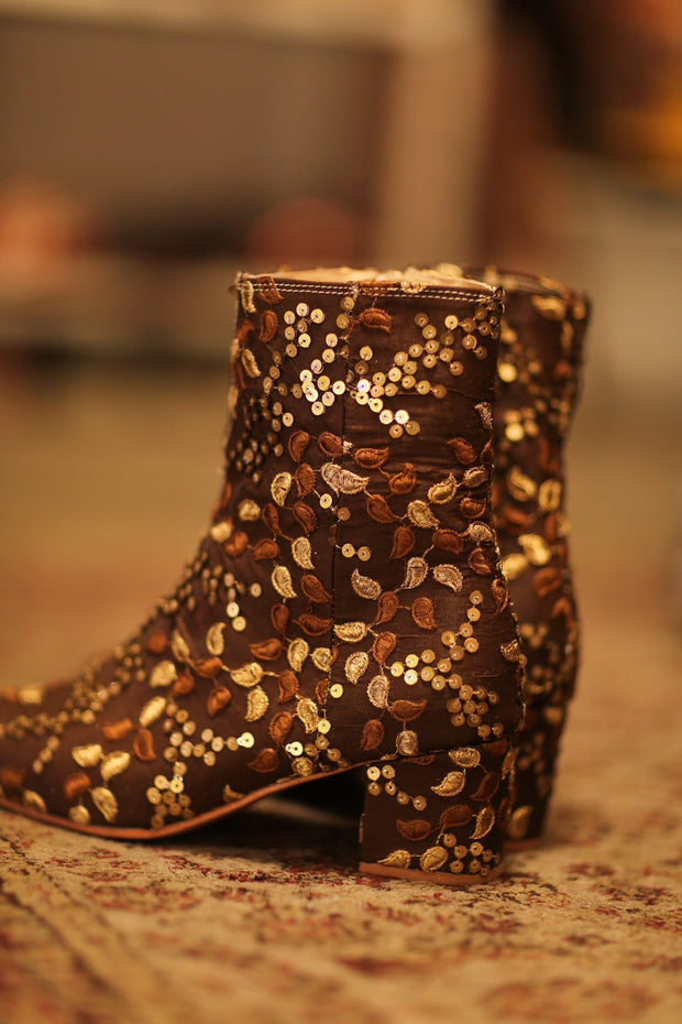 BROWN SEQUIN EMBROIDERED BOOTS - sustainably made MOMO NEW YORK sustainable clothing, boots slow fashion