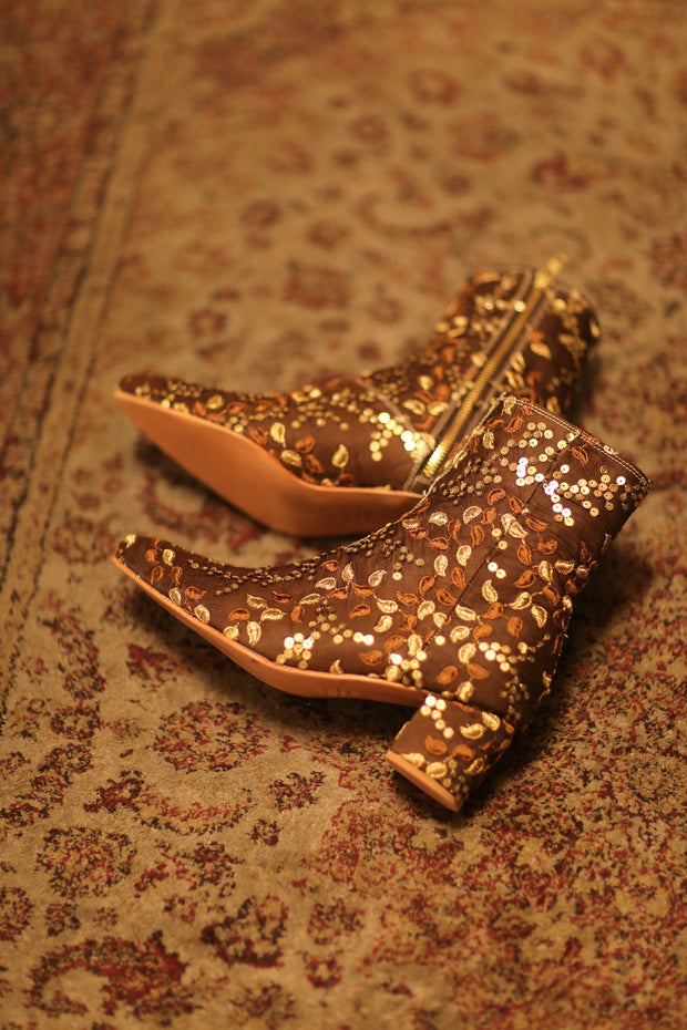 BROWN SEQUIN EMBROIDERED BOOTS - sustainably made MOMO NEW YORK sustainable clothing, boots slow fashion