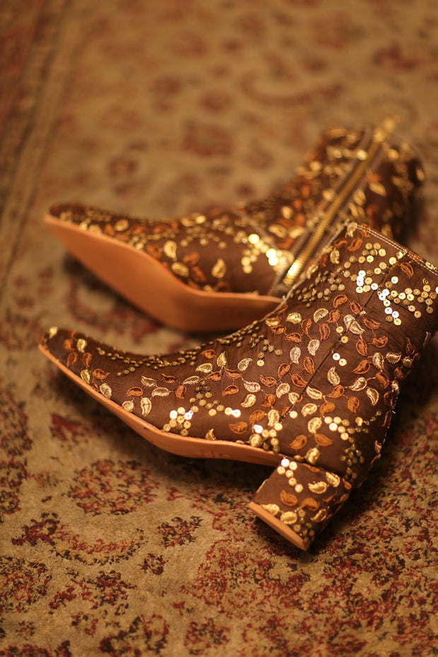 BROWN SEQUIN EMBROIDERED BOOTS - sustainably made MOMO NEW YORK sustainable clothing, boots slow fashion