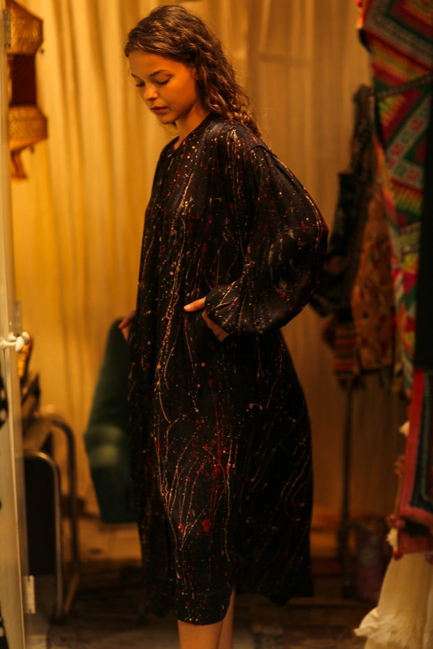 ELIZABETH SILK DRESS BLACK POLLOCK - sustainably made MOMO NEW YORK sustainable clothing, Boho Chic slow fashion