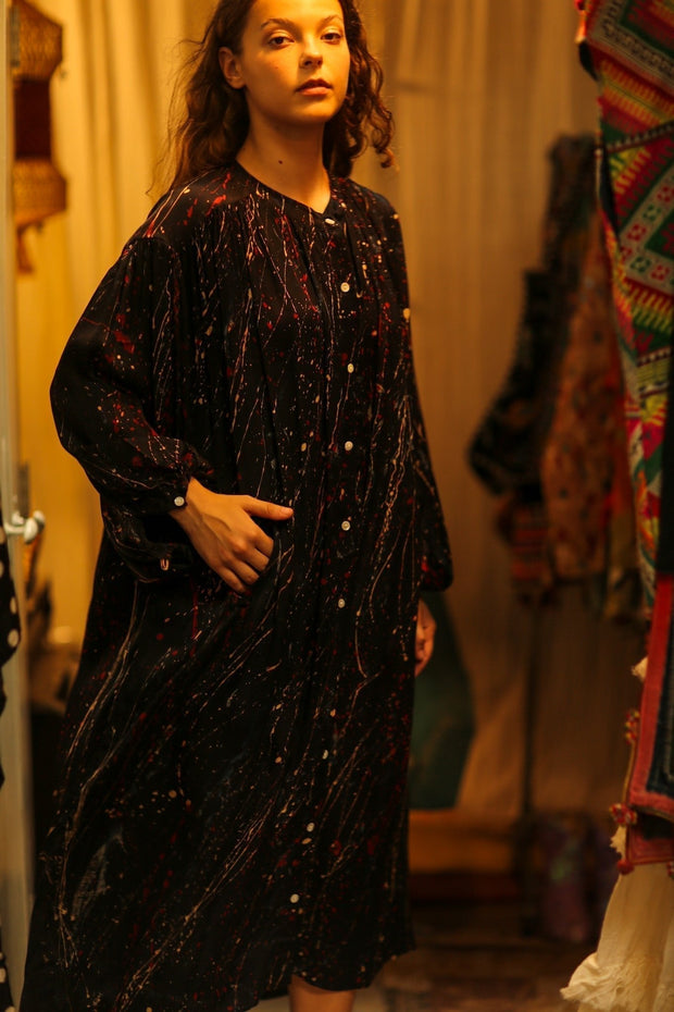 ELIZABETH SILK DRESS BLACK POLLOCK - sustainably made MOMO NEW YORK sustainable clothing, Boho Chic slow fashion