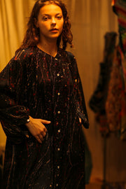 ELIZABETH SILK DRESS BLACK POLLOCK - sustainably made MOMO NEW YORK sustainable clothing, Boho Chic slow fashion