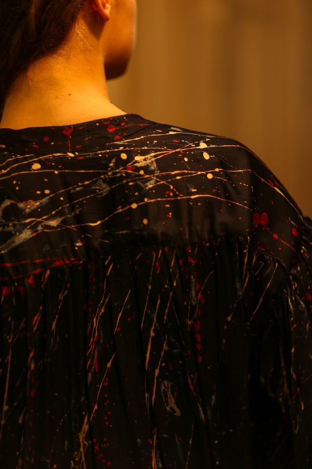 ELIZABETH SILK DRESS BLACK POLLOCK - sustainably made MOMO NEW YORK sustainable clothing, Boho Chic slow fashion