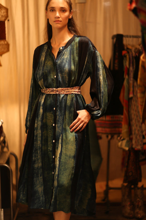ELIZABETH SILK DRESS BLUE STRIPE - sustainably made MOMO NEW YORK sustainable clothing, Boho Chic Dress slow fashion