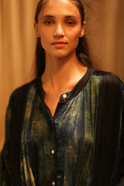 ELIZABETH SILK DRESS BLUE STRIPE - sustainably made MOMO NEW YORK sustainable clothing, Boho Chic Dress slow fashion