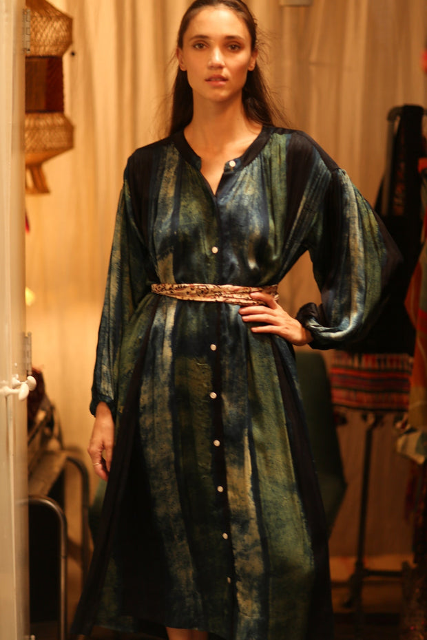 ELIZABETH SILK DRESS BLUE STRIPE - sustainably made MOMO NEW YORK sustainable clothing, Boho Chic Dress slow fashion