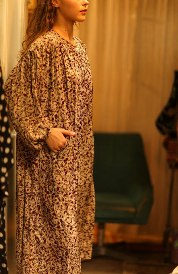 ELIZABETH SILK DRESS GREY FLORAL - sustainably made MOMO NEW YORK sustainable clothing, Boho Chic slow fashion