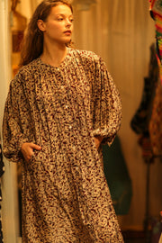 ELIZABETH SILK DRESS GREY FLORAL - sustainably made MOMO NEW YORK sustainable clothing, Boho Chic slow fashion