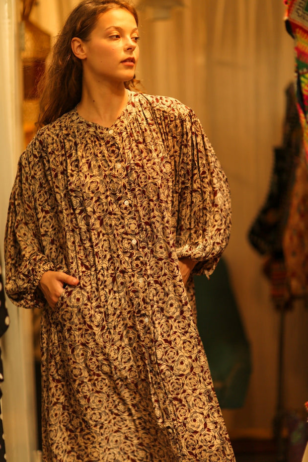 ELIZABETH SILK DRESS GREY FLORAL - sustainably made MOMO NEW YORK sustainable clothing, Boho Chic slow fashion
