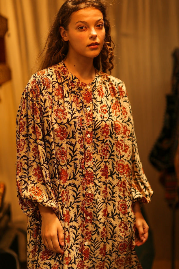 ELIZABETH SILK DRESS MUGHAL BLACK AND RED - sustainably made MOMO NEW YORK sustainable clothing, Boho Chic slow fashion