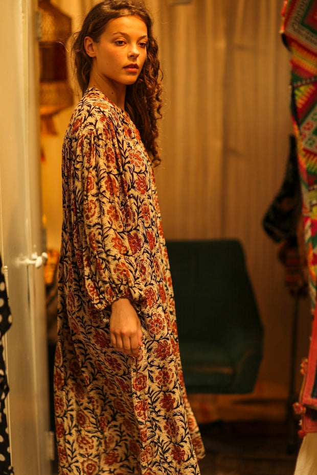 ELIZABETH SILK DRESS MUGHAL BLACK AND RED - sustainably made MOMO NEW YORK sustainable clothing, Boho Chic slow fashion