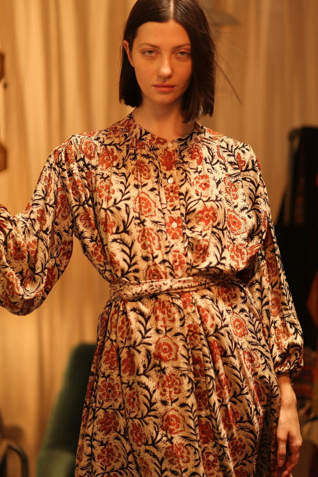 ELIZABETH SILK DRESS MUGHAL BLACK AND RED - sustainably made MOMO NEW YORK sustainable clothing, Boho Chic slow fashion