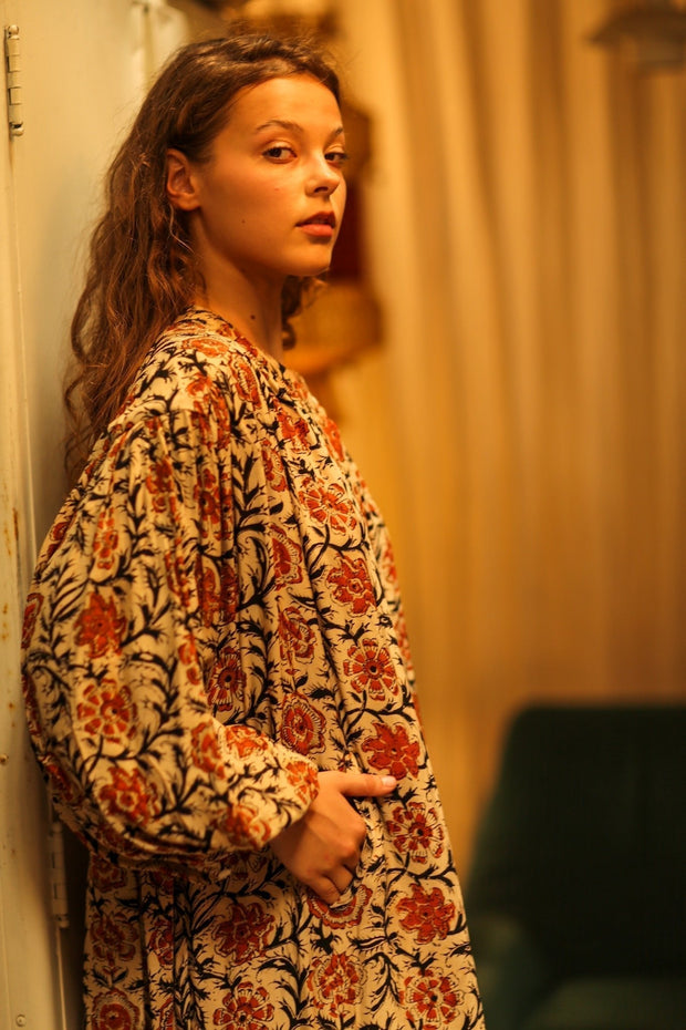 ELIZABETH SILK DRESS MUGHAL BLACK AND RED - sustainably made MOMO NEW YORK sustainable clothing, Boho Chic slow fashion