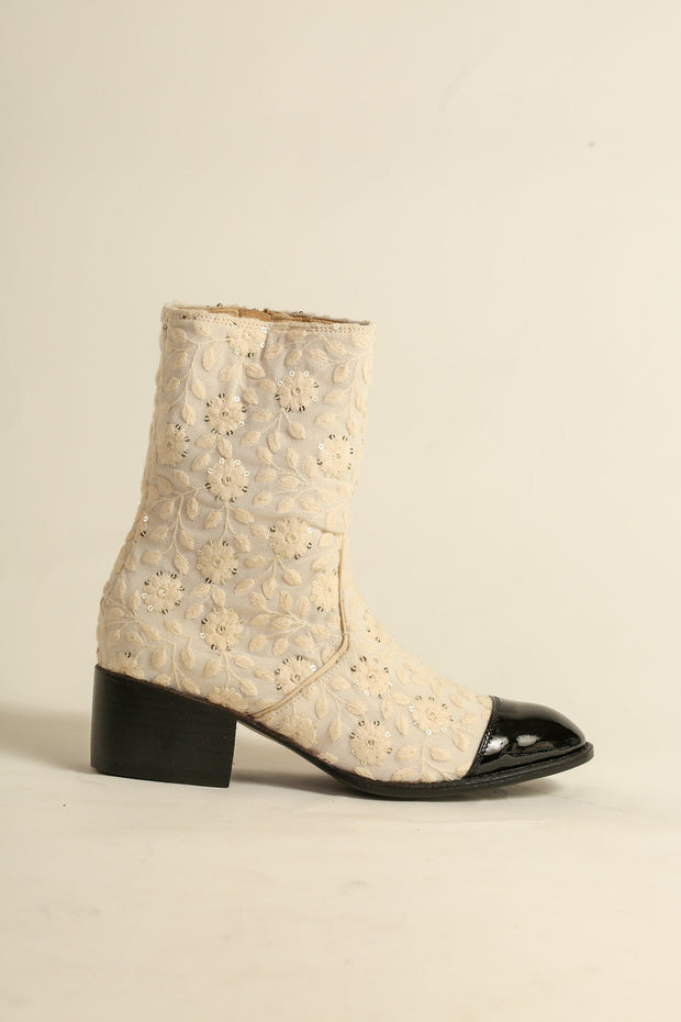 EMBROIDERED SILK PATENT BLACK CAP BOOTS COCOCHA - sustainably made MOMO NEW YORK sustainable clothing, boots slow fashion