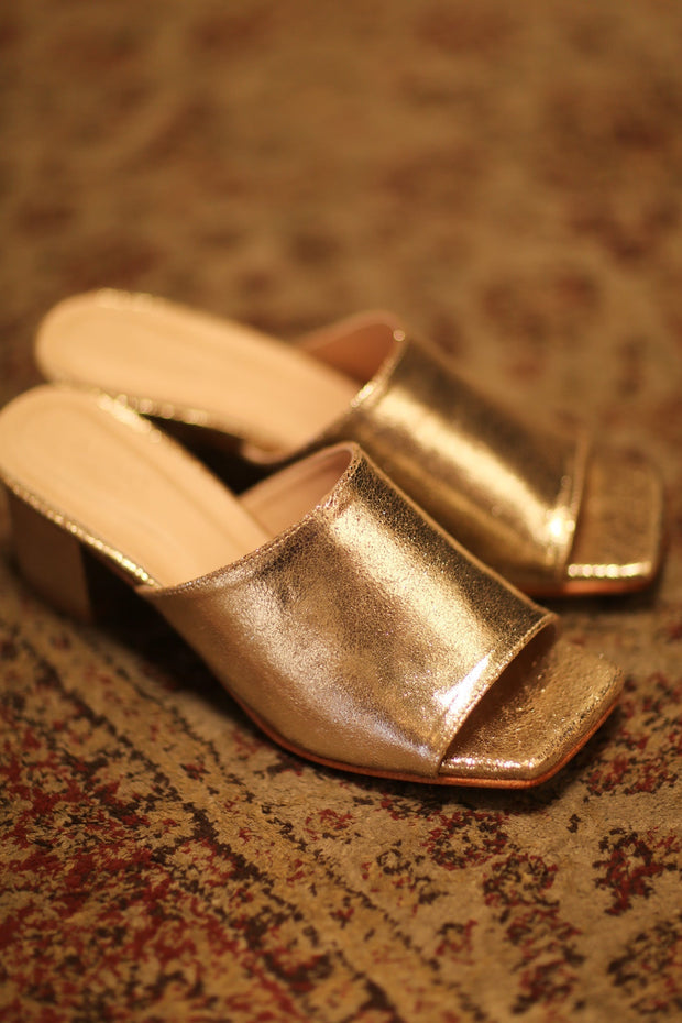 GLITTER GOLD HEELED MULES - sustainably made MOMO NEW YORK sustainable clothing, new slow fashion