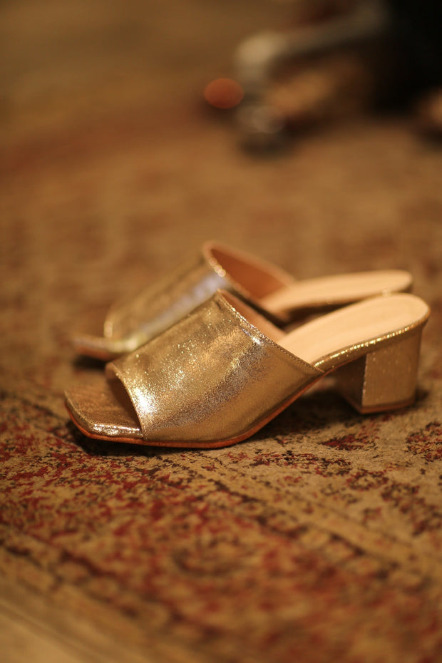 GLITTER GOLD HEELED MULES - sustainably made MOMO NEW YORK sustainable clothing, new slow fashion