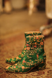 GREEN FLOWER EMBROIDERED SILK BOOTS NIKIO - sustainably made MOMO NEW YORK sustainable clothing, boots slow fashion