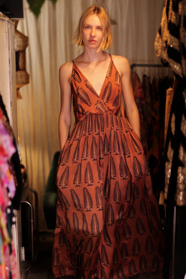 LILY SILK DRESS BROWN FEATHER - sustainably made MOMO NEW YORK sustainable clothing, Boho Chic Dress slow fashion