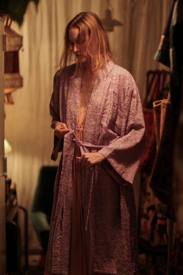 LITTLE FLOWERS EMBROIDERED KIMONO LILAC - BANGKOK TAILOR CLOTHING STORE - HANDMADE CLOTHING