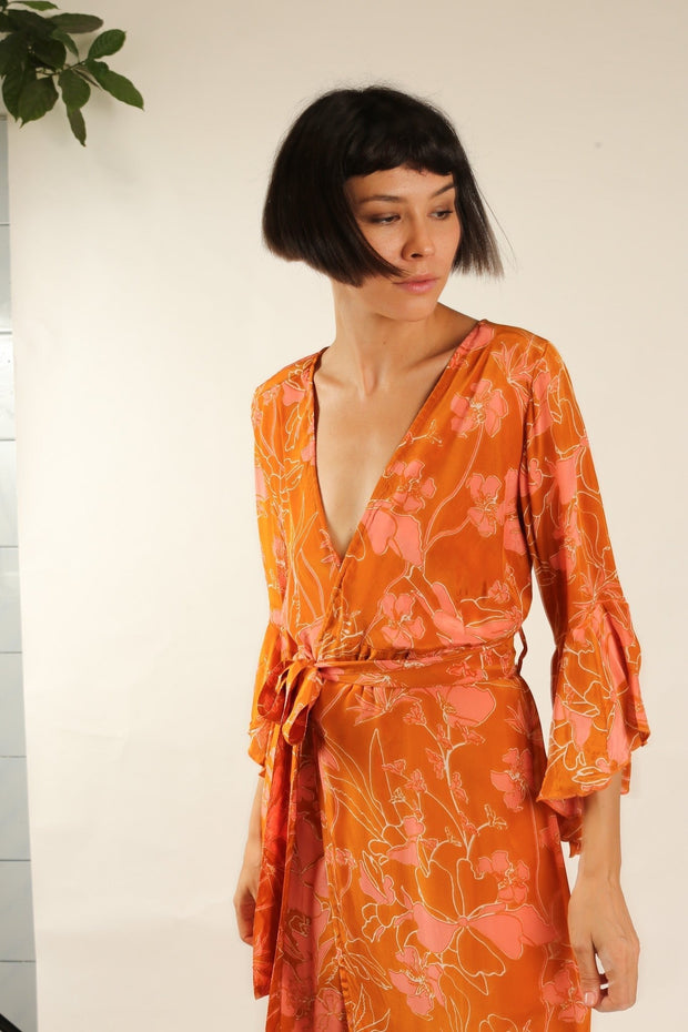 ORANGE FLOWER SILK WRAP DRESS - sustainably made MOMO NEW YORK sustainable clothing, new slow fashion