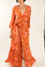 ORANGE FLOWER SILK WRAP DRESS - sustainably made MOMO NEW YORK sustainable clothing, new slow fashion