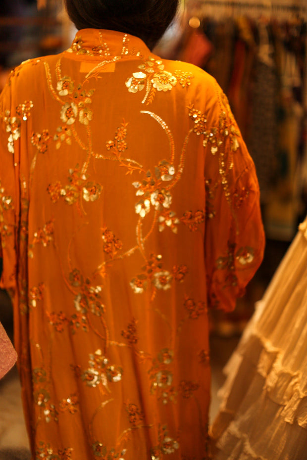 ORANGE SILK SEQUIN EMBROIDERED KIMONO ODO - sustainably made MOMO NEW YORK sustainable clothing, slow fashion