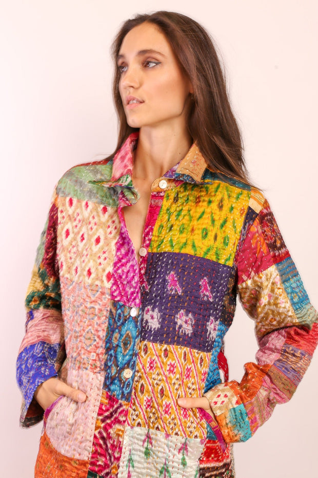 PATCHWORK SILK COAT HILA - sustainably made MOMO NEW YORK sustainable clothing, kantha slow fashion