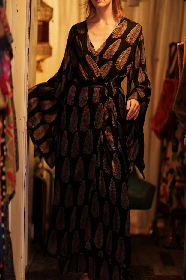 PINA SILK KIMONO BLACK FEATHER - sustainably made MOMO NEW YORK sustainable clothing, handmade slow fashion