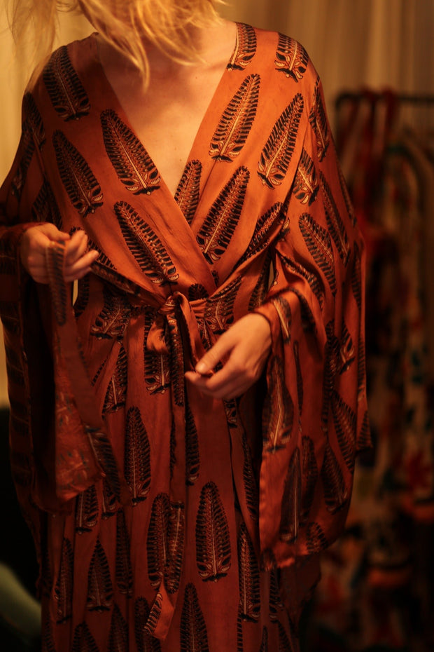 PINA SILK KIMONO BROWN FEATHER - sustainably made MOMO NEW YORK sustainable clothing, handmade slow fashion