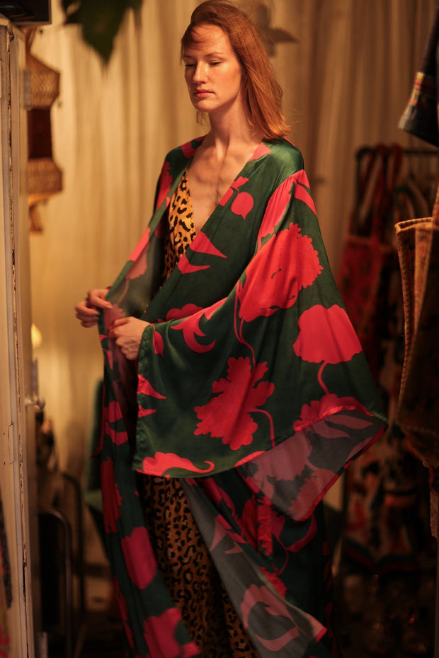 PINA SILK KIMONO PINK VINES - sustainably made MOMO NEW YORK sustainable clothing, handmade slow fashion