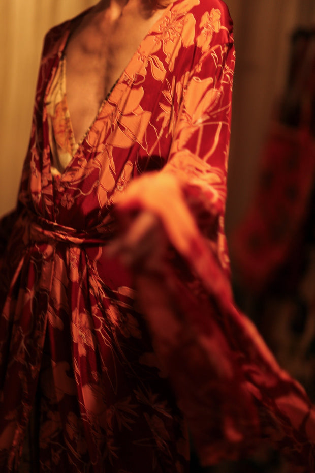 PINA SILK KIMONO RED FLOWER - sustainably made MOMO NEW YORK sustainable clothing, handmade slow fashion