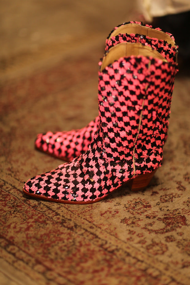 PINK BLACK CHECKERED WESTERN BOOT CRUSU - sustainably made MOMO NEW YORK sustainable clothing, boots slow fashion