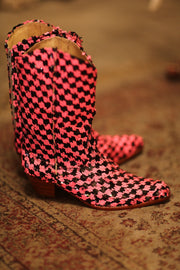 PINK BLACK CHECKERED WESTERN BOOT CRUSU - sustainably made MOMO NEW YORK sustainable clothing, boots slow fashion