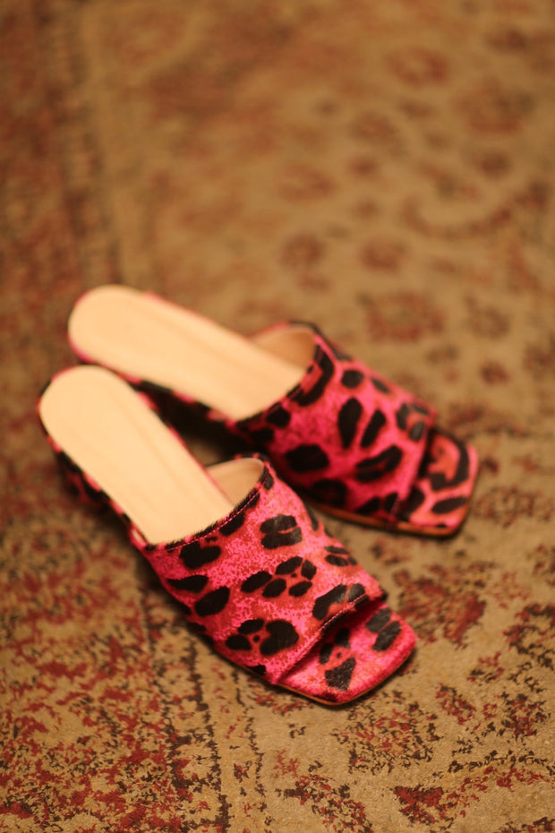 PINK LEO PRINT HEELED MULES - sustainably made MOMO NEW YORK sustainable clothing, slow fashion
