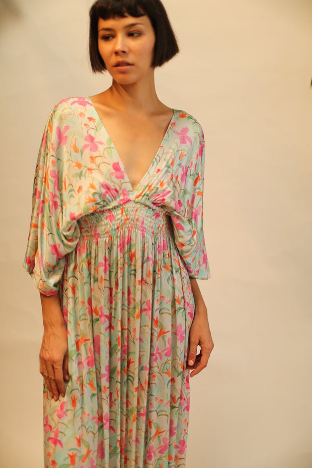 SILK DRESS PINA CREAM FLORAL - sustainably made MOMO NEW YORK sustainable clothing, dress slow fashion