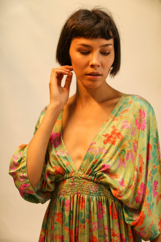 SILk DRESS PINA GREEN FLORAL - sustainably made MOMO NEW YORK sustainable clothing, dress slow fashion