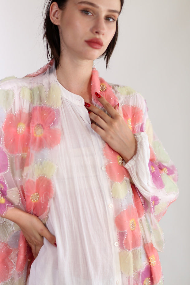 SILK FLOWER EMBELLISHED KIMONO ULISA - sustainably made MOMO NEW YORK sustainable clothing, Kimono slow fashion