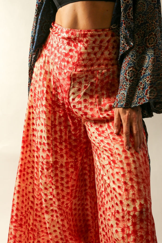 SILK PINK DOT WIDE LEG PANTS - sustainably made MOMO NEW YORK sustainable clothing, pants slow fashion