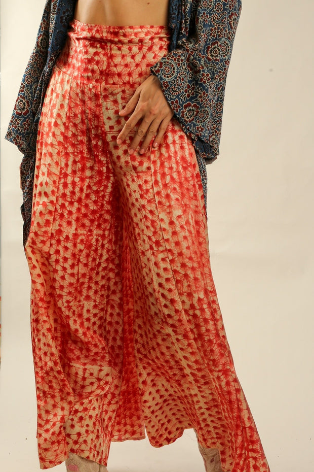 SILK PINK DOT WIDE LEG PANTS - sustainably made MOMO NEW YORK sustainable clothing, pants slow fashion