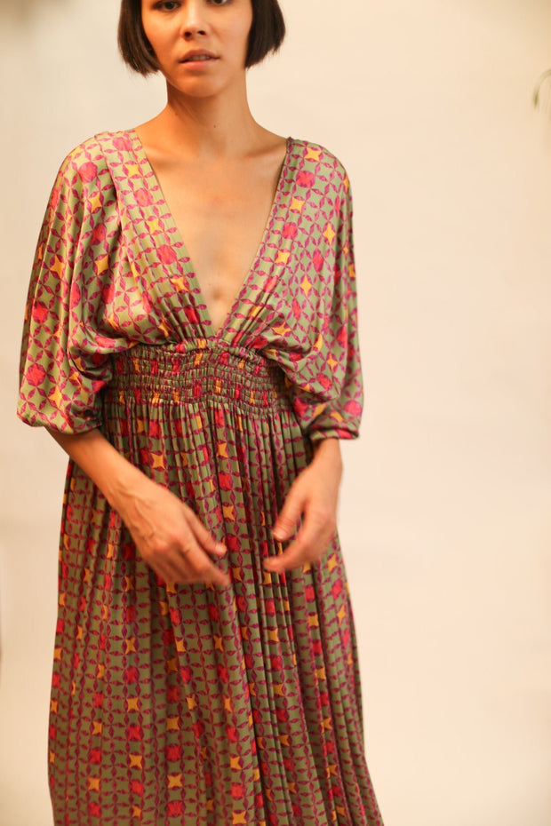 SILK V NECK DRESS PINA - sustainably made MOMO NEW YORK sustainable clothing, dress slow fashion