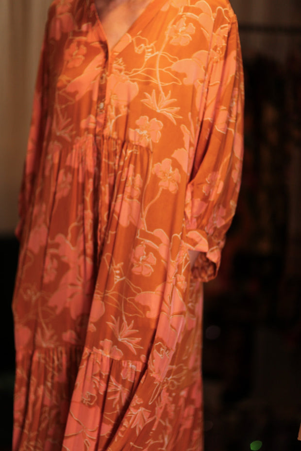 SUSIE SILK DRESS ORANGE FLOWER - sustainably made MOMO NEW YORK sustainable clothing, Boho Chic Dress slow fashion