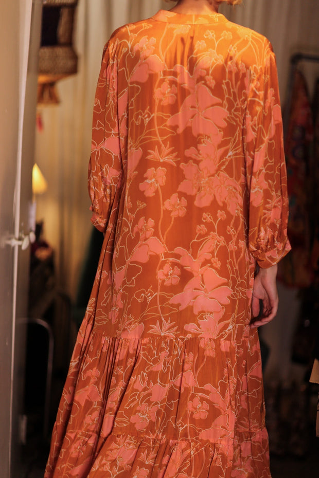 SUSIE SILK DRESS ORANGE FLOWER - sustainably made MOMO NEW YORK sustainable clothing, Boho Chic Dress slow fashion