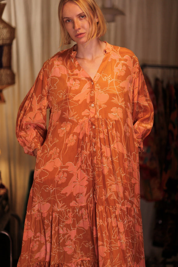 SUSIE SILK DRESS ORANGE FLOWER - sustainably made MOMO NEW YORK sustainable clothing, Boho Chic Dress slow fashion