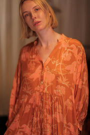 SUSIE SILK DRESS ORANGE FLOWER - sustainably made MOMO NEW YORK sustainable clothing, Boho Chic Dress slow fashion