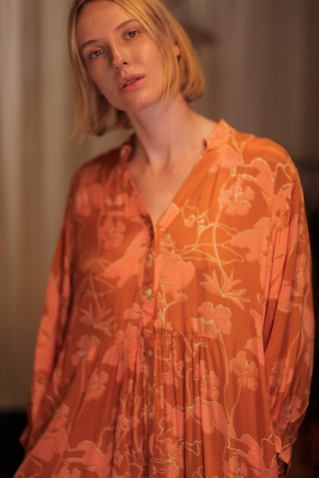 SUSIE SILK DRESS ORANGE FLOWER - sustainably made MOMO NEW YORK sustainable clothing, Boho Chic Dress slow fashion