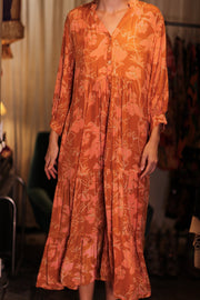 SUSIE SILK DRESS ORANGE FLOWER - sustainably made MOMO NEW YORK sustainable clothing, Boho Chic Dress slow fashion