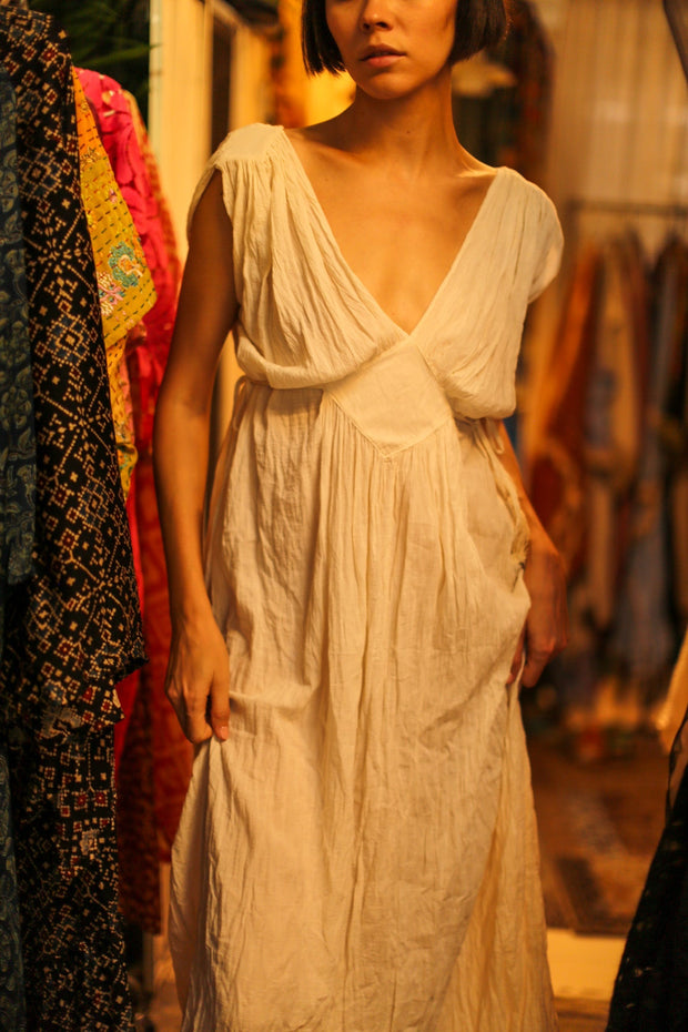 V NECK COTTON SHOUlDER DRESS CLIO - sustainably made MOMO NEW YORK sustainable clothing, dress slow fashion